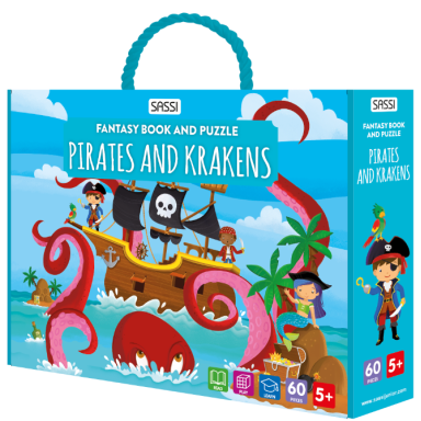 Fantasy book and puzzle. Pirates and Krakens